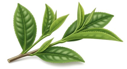 Fresh green tea leaves on a branch isolated on white background