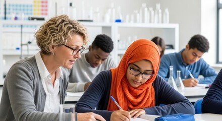 Teacher helping focused student in modern science lab