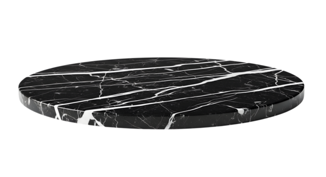 Round black marble surface with white veining on a plain background isolated on a transparent background