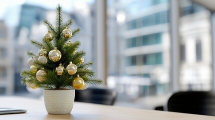 Mini christmas tree with gold ornaments on office table