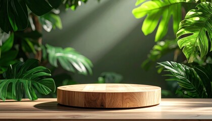 Tropical Greenery and Wooden Podium Display Background