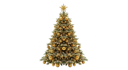 Decorated christmas tree with golden ornaments and lights, isolated on transparent background