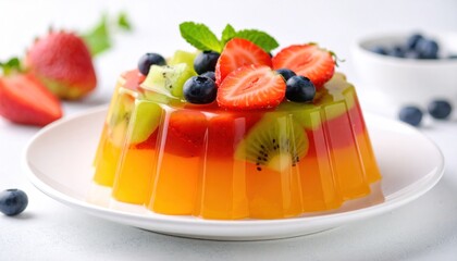 Vibrant Fruit Jelly Dessert with Fresh Berries and Kiwi Slices