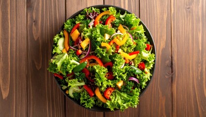 Vibrant Fresh Salad Bowl with Colorful Vegetables on Wood Table