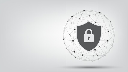 Padlock on protection shield with wireframe sphere on a white background. Cybersecurity and data network protection concept. Secure technology and personal data security. Vector illustration. © S and V Design