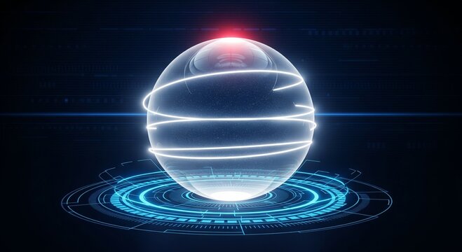 Glowing blue sphere with orbiting line structure on platform