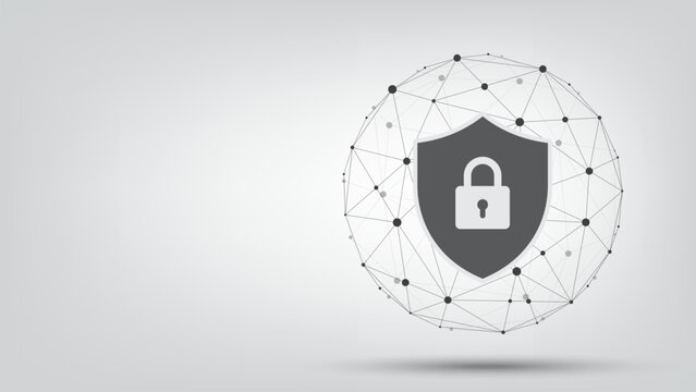 Padlock on protection shield with wireframe sphere on a white background. Cybersecurity and data network protection concept. Secure technology and personal data security. Vector illustration.