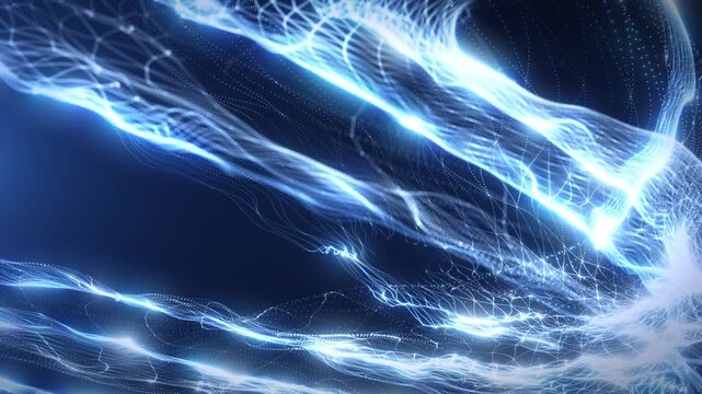 Abstract neon in waves of particles twisted in complex systems and data. Futuristic and digital background, 3D, 4K, seamless loop