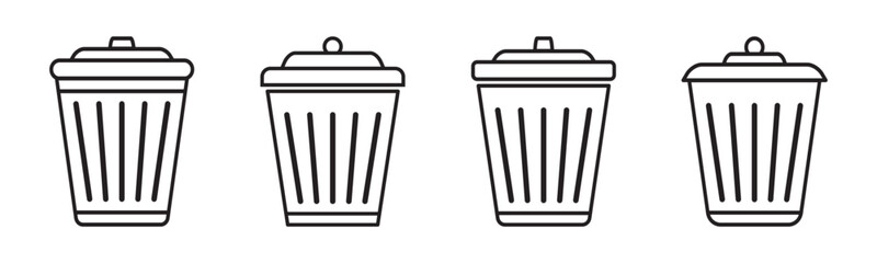 Set of trash bin icons including waste disposal, littering symbols, and recycle logos. Ideal for environment, waste management, and eco awareness designs. Icons, vector.