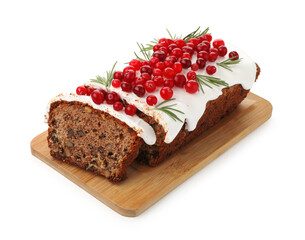Tasty Christmas cake with icing, cranberries and rosemary isolated on white