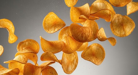 Crispy golden potato chips floating and tumbling in the air