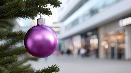 Vibrant purple christmas ornament hanging on tree with blurred urban background