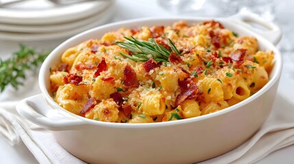 Delicious baked aroni and cheese casserole presented in an oval dish topped with crispy bacon breadcrumbs and fresh herbs offering a rich and creamy comfort food meal