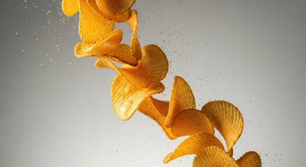 Crispy potato chips falling and floating in water creating abstract shapes