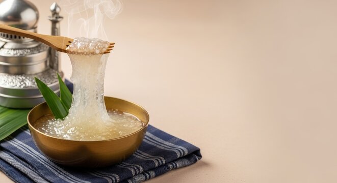 Ultra-Realistic Bruneian Ambuyat &ndash; Glossy Sticky Sago Starch Twirled on Candas in Brass Bowl, Kain Tenunan Textile, Silver Tepak Sireh & Mosque Dome Fragment