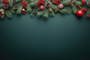 christmas border with pine branches and red and gold ornaments template banner on dark green background