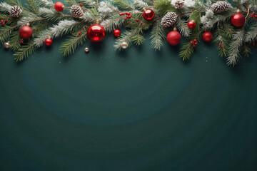 christmas border with pine branches and red and gold ornaments template banner on dark green background