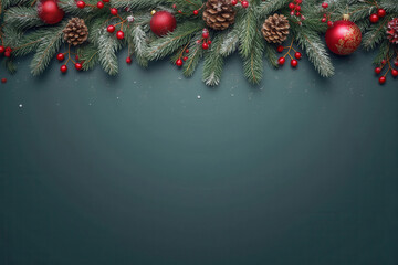 christmas border with pine branches and red and gold ornaments template banner on dark green background