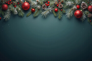 christmas border with pine branches and red and gold ornaments template banner on dark green background