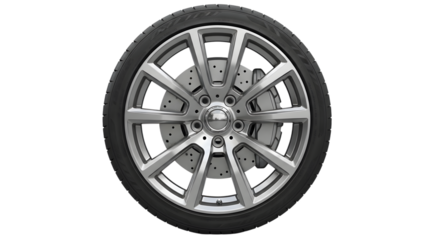 Silver alloy car wheel with tire and brake disc isolated on a transparent background alloy wheel automotive