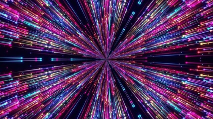 Abstract digital background with glowing neon particles and flying lines. A moving stream of glowing bright rays. Seamless cyclical abstract background. - Powered by Adobe