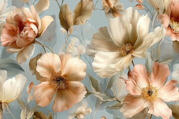 Fototapeta premium Chic and elegant seamless pattern with wildflowers, peonies realistic flowers in soft blush pink, ivory, and faded peach tones