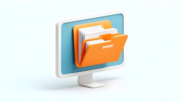 Stylized 3D rendering of a computer monitor showcasing an open bright orange folder containing stacked white documents symbolizing digital file management data storage