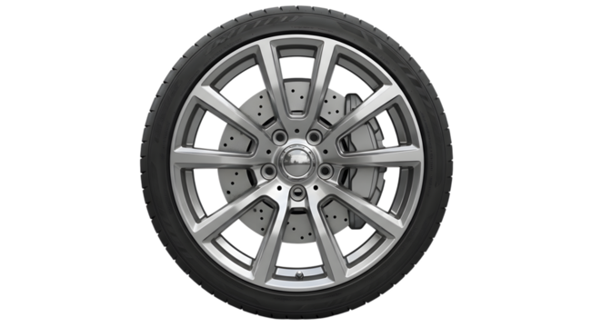 Silver alloy car wheel with tire and brake disc isolated on a transparent background alloy wheel automotive - Powered by Adobe