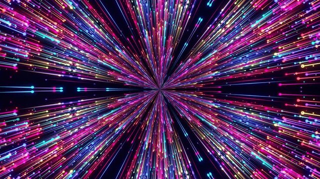 Abstract digital background with glowing neon particles and flying lines. A moving stream of glowing bright rays. Seamless cyclical abstract background.