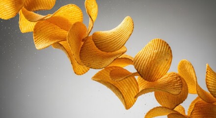 Crispy ruffled potato chips flowing in a stream against a gray background