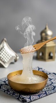 Ultra-Realistic Bruneian Ambuyat &ndash; Glossy Sticky Sago Starch Twirled on Candas in Brass Bowl, Kain Tenunan Textile, Silver Tepak Sireh & Mosque Dome Fragment