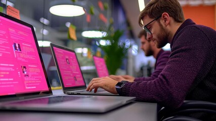 Modern office workplace teamwork collaboration with developer programmer coding in technology workspace, focused team project, coworking startup vibe - Powered by Adobe