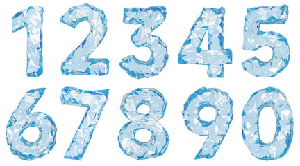 Set of numbers is made of glossy ice. 3d illustration isolated on white