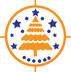Stylized orange christmas tree icon with blue stars and dots inside a decorative orange circular frame emblem vector graphic design element