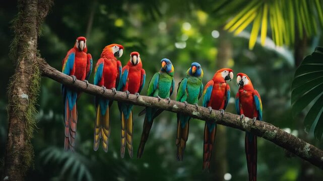 Colorful parrots perched on a branch in a lush tropical rainforest setting with vibrant green foliage