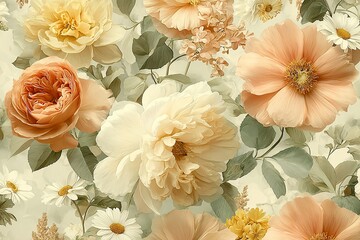 Fototapeta premium Chic and elegant seamless pattern with champagne peonies, pale orange David Austin roses, apricot ranunculus, eucalyptus and small white daisies 
