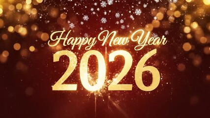 Elegant Happy New Year 2026 celebration background with shimmering golden particles, falling snow, and bright sparkler effects for holiday wishes