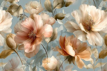 Fototapeta premium Chic and elegant seamless pattern with wildflowers, peonies realistic flowers in soft blush pink, ivory, and faded peach tones