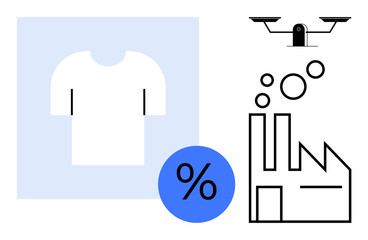 White shirt design and factory emitting bubbles alongside quadcopter and percentage icons. Ideal for sustainability, fashion, technology, production, retail, innovation, and efficiency concepts