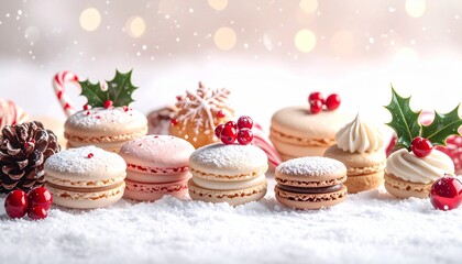 雪の上に並ぶマカロンとクリスマス飾り / Festive macarons on snowy surface with ber
