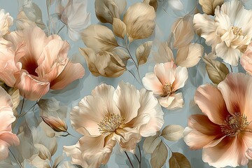 Fototapeta premium Chic and elegant seamless pattern with wildflowers, peonies realistic flowers in soft blush pink, ivory, and faded peach tones