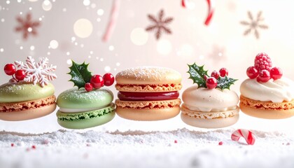 雪の上に並ぶマカロンとクリスマス飾り / Festive macarons on snowy surface with ber
