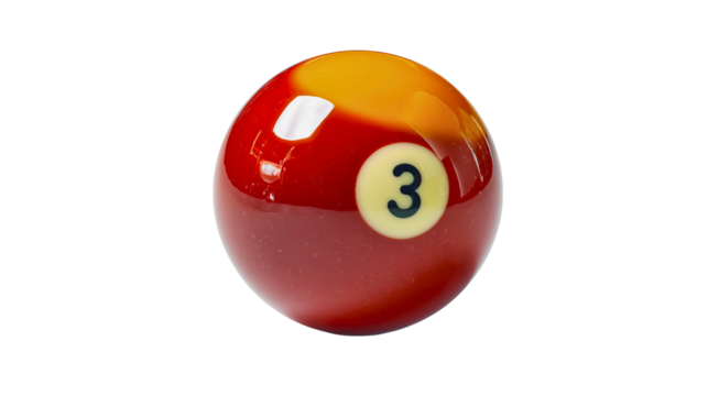 A classic red billiard ball number three isolated on a white background, a glossy pool sphere for a game, a standard sports equipment object, a recreational play item, a studio close-up.