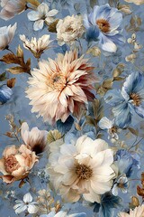 Fototapeta premium Chic and elegant seamless pattern with peonies, dahlias, roses and delphiniums in blue tones