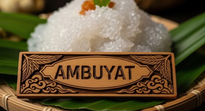 Royal Bruneian Ambuyat &ndash; Close-Up on Candas with Chengal Wood 'AMBUYAT' Plaque in Jawi Script, Sago Palm Frond & Awan Larat Cloud Motifs