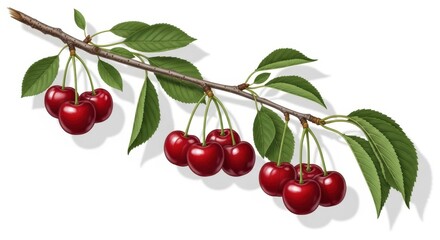 Fresh ripe cherries hanging on a branch with green leaves