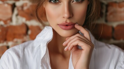 Young caucasian female with soft features against brick wall