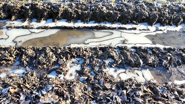Close-up view of muddy tire tracks revealing intricate patterns in wet soil, showcasing the natural landscape, camera pans across the scene highlighting textures and details