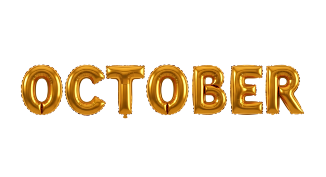 Golden foil balloons spelling the word OCTOBER on a black background october month isolated on a transparent background