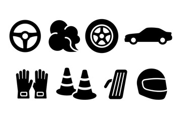 Racing icons collection: helmet, car, wrench, stopwatch, fuel, track